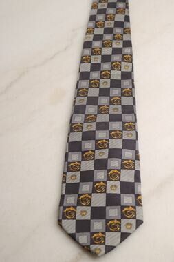 Vintage Gianni Versace Silk Tie Medusa Baroque Checkerboard Gray Gold Italy 90s